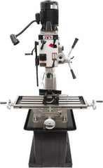 Jet - 1 Phase, 20-1/2" Swing, Geared Head Mill Drill Combination - 32-1/4" Table Length x 9-1/2" Table Width, 20-1/2" Longitudinal Travel, 8-1/4" Cross Travel, 6 Spindle Speeds, 1.5 hp, 115/230 Volts - Industrial Tool & Supply