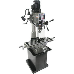 Jet - 1 Phase, 20-1/2" Swing, Geared Head Mill Drill Combination - 32-1/4" Table Length x 9-1/2" Table Width, 20-1/2" Longitudinal Travel, 8-1/4" Cross Travel, 6 Spindle Speeds, 1.5 hp, 115/230 Volts - Industrial Tool & Supply