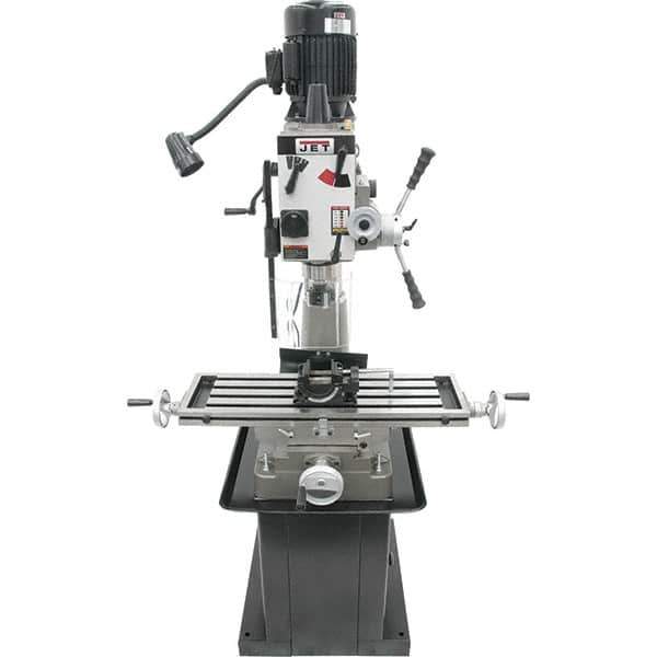 Jet - 1 Phase, 20-1/2" Swing, Geared Head Mill Drill Combination - 32-1/4" Table Length x 9-1/2" Table Width, 20-1/2" Longitudinal Travel, 8-1/4" Cross Travel, 6 Spindle Speeds, 1.5 hp, 115/230 Volts - Industrial Tool & Supply