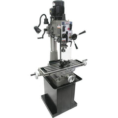 Jet - 1 Phase, 20-1/2" Swing, Geared Head Mill Drill Combination - 32-1/4" Table Length x 9-1/2" Table Width, 20-1/2" Longitudinal Travel, 8-1/4" Cross Travel, 6 Spindle Speeds, 1.5 hp, 115/230 Volts - Industrial Tool & Supply