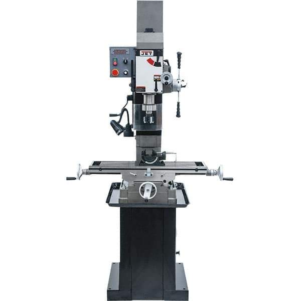 Jet - 1 Phase, 19-11/16" Swing, Geared Head Mill Drill Combination - 32-1/4" Table Length x 9-1/2" Table Width, 20-1/2" Longitudinal Travel, 8-1/4" Cross Travel, Variable Spindle Speeds, 1.5 hp, 115/230 Volts - Industrial Tool & Supply