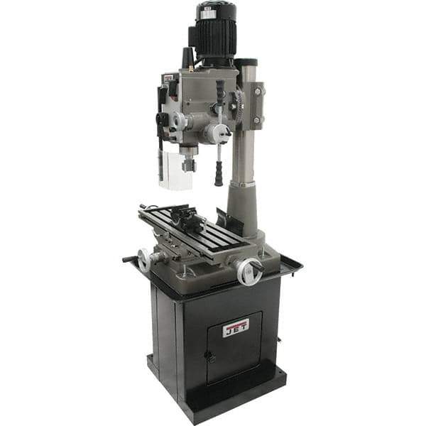 Jet - 1 Phase, 19-11/16" Swing, Geared Head Mill Drill Combination - 32-1/4" Table Length x 9-1/2" Table Width, 20-1/2" Longitudinal Travel, 8-1/4" Cross Travel, 6 Spindle Speeds, 1.5 hp, 115/230 Volts - Industrial Tool & Supply
