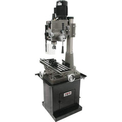 Jet - 1 Phase, 19-11/16" Swing, Geared Head Mill Drill Combination - 32-1/4" Table Length x 9-1/2" Table Width, 20-1/2" Longitudinal Travel, 8-1/4" Cross Travel, 6 Spindle Speeds, 1.5 hp, 115/230 Volts - Industrial Tool & Supply