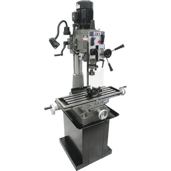 Jet - 1 Phase, 20-1/2" Swing, Geared Head Mill Drill Combination - 32-1/4" Table Length x 9-1/2" Table Width, 20-1/2" Longitudinal Travel, 8-1/4" Cross Travel, 6 Spindle Speeds, 1.5 hp, 115/230 Volts - Industrial Tool & Supply