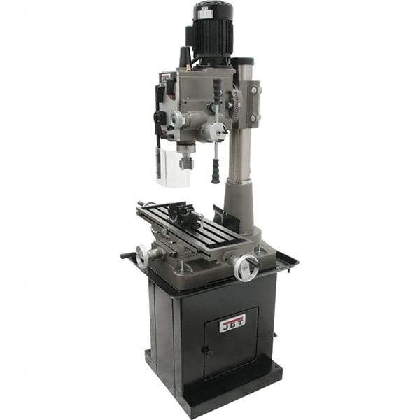 Jet - 1 Phase, 19-11/16" Swing, Geared Head Mill Drill Combination - 32-1/4" Table Length x 9-1/2" Table Width, 20-1/2" Longitudinal Travel, 8-1/4" Cross Travel, 6 Spindle Speeds, 1.5 hp, 115/230 Volts - Industrial Tool & Supply