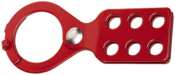 Ability One - Single Jaw, 1-1/2" Jaw Diam, 6 PadLocks, Steel Lockout Hasp - Scissor Action, Red - Industrial Tool & Supply