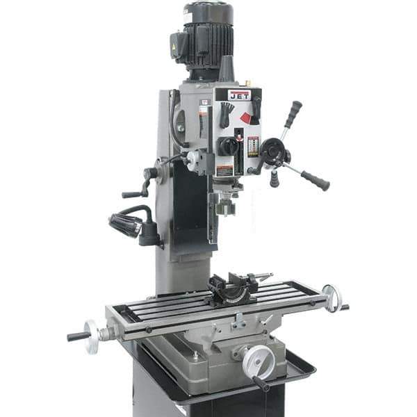 Jet - 1 Phase, 19-11/16" Swing, Geared Head Mill Drill Combination - 32-1/4" Table Length x 9-1/2" Table Width, 20-1/2" Longitudinal Travel, 8-1/4" Cross Travel, 6 Spindle Speeds, 1.5 hp, 115/230 Volts - Industrial Tool & Supply