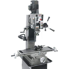 Jet - 1 Phase, 19-11/16" Swing, Geared Head Mill Drill Combination - 32-1/4" Table Length x 9-1/2" Table Width, 20-1/2" Longitudinal Travel, 8-1/4" Cross Travel, 6 Spindle Speeds, 1.5 hp, 115/230 Volts - Industrial Tool & Supply
