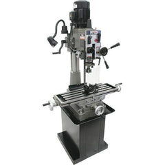 Jet - 1 Phase, 20-1/2" Swing, Geared Head Mill Drill Combination - 32-1/4" Table Length x 9-1/2" Table Width, 20-1/2" Longitudinal Travel, 8-1/4" Cross Travel, 6 Spindle Speeds, 1.5 hp, 115/230 Volts - Industrial Tool & Supply