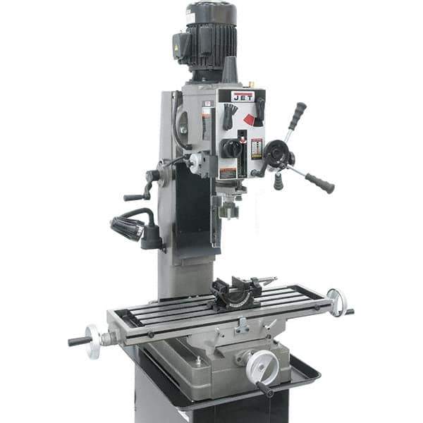 Jet - 1 Phase, 19-11/16" Swing, Geared Head Mill Drill Combination - 32-1/4" Table Length x 9-1/2" Table Width, 20-1/2" Longitudinal Travel, 8-1/4" Cross Travel, 6 Spindle Speeds, 1.5 hp, 115/230 Volts - Industrial Tool & Supply