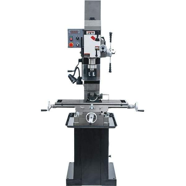 Jet - 3 Phase, 19-11/16" Swing, Geared Head Mill Drill Combination - 32-1/4" Table Length x 9-1/2" Table Width, 20-1/2" Longitudinal Travel, 8-1/4" Cross Travel, Variable Spindle Speeds, 1.5 hp, 230 Volts - Industrial Tool & Supply