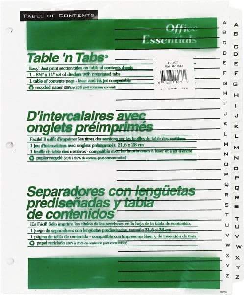 Office Essentials - 11 x 8 1/2" A to Z Label, 26 Tabs, 3-Hole Punched, Preprinted Divider - White - Industrial Tool & Supply