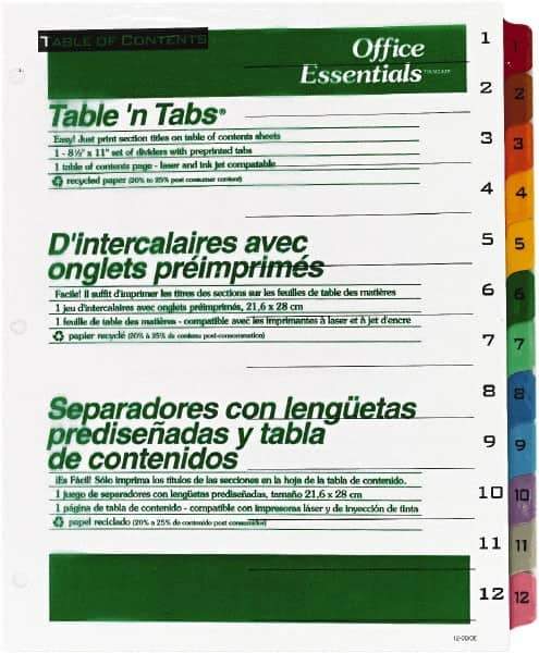 Office Essentials - 11 x 8 1/2" 1 to 12" Label, 12 Tabs, 3-Hole Punched, Preprinted Divider - Multicolor Tabs, White Folder - Industrial Tool & Supply
