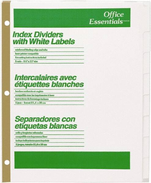 Office Essentials - 11 x 8 1/2" 1 to 8" Label, 8 Tabs, 3-Hole Punched, Customizable Divider - White - Industrial Tool & Supply