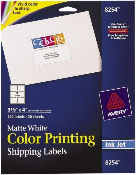 AVERY - 3.33" Wide x 4" Long, Matte White Paper Inkjet Label - For Inkjet Printers - Industrial Tool & Supply