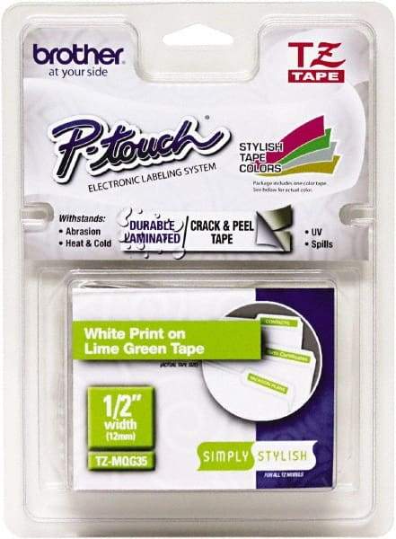 Brother - 1/2" Wide, Lime Green Tape Cassette - For Label Maker - Industrial Tool & Supply