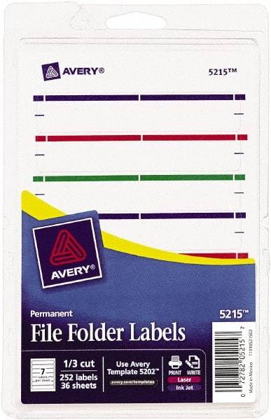 AVERY - 11/16" Wide x 3-7/16" Long, Assorted Paper File Folder Label - For Laser/Inkjet Printers - Industrial Tool & Supply