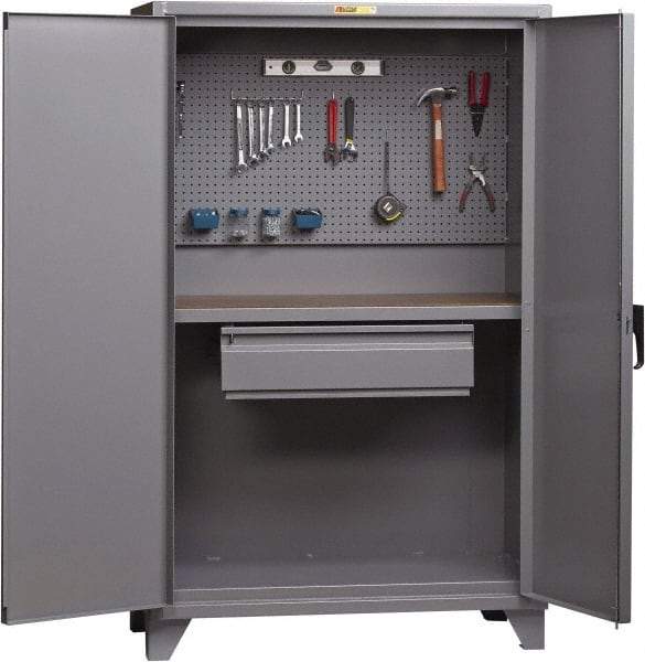 Little Giant - 1 Drawer, Cabinet Work Center - Steel with Flush Front Edge Top, Gray, 60" Wide x 78" High x 27" Long - Industrial Tool & Supply