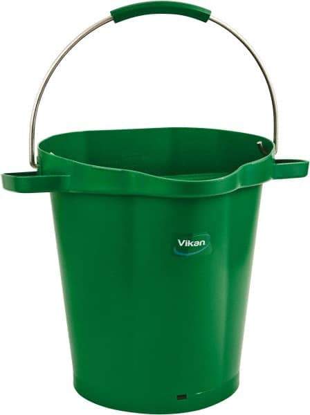 Vikan - 5 Gal, 18" High, Polypropylene Round Green Single Pail with Pour Spout - Handle Included, 15.4mm Top Length x 18.9" Top Width x 18.9" Top Diam - Industrial Tool & Supply