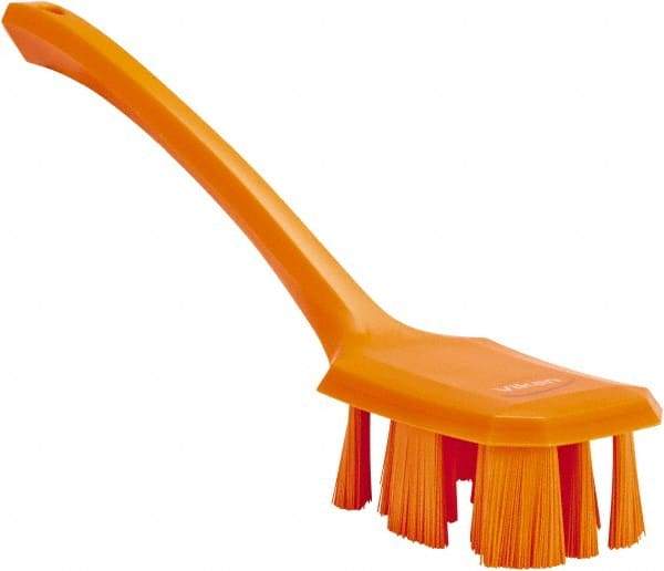Vikan - 2-3/4" Bristle Length, Polyester Scrub Brush - 12" Long x 2-7/8" Wide Head, 15-1/2" OAL, Long Handle, Orange, Polypropylene Block - Industrial Tool & Supply