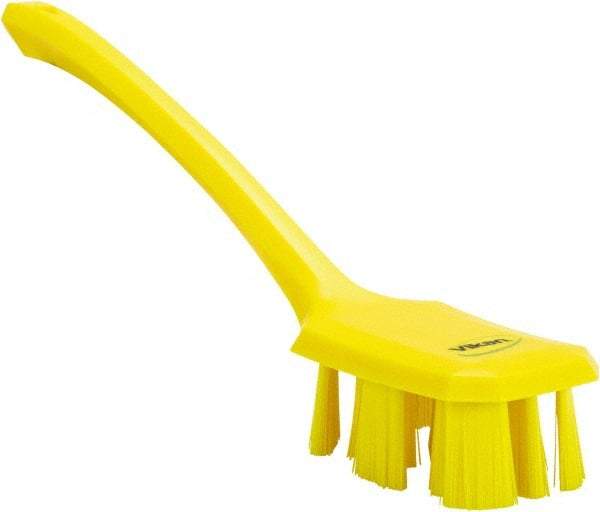 Vikan - 2-3/4" Bristle Length, Polyester Scrub Brush - 12" Long x 2-7/8" Wide Head, 15-1/2" OAL, Long Handle, Yellow, Polypropylene Block - Industrial Tool & Supply