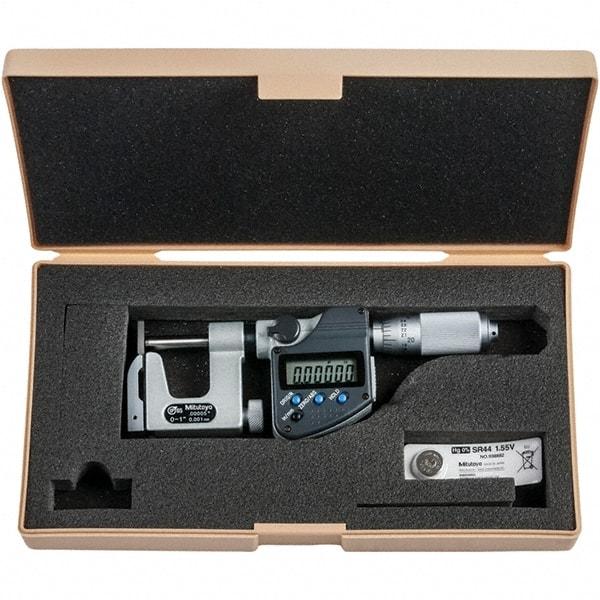 Mitutoyo - 0 to 1" Range, 0.00005" Resolution, Interchangeable Anvil Type Throat IP65 Electronic Outside Micrometer - 0.0002" Accuracy, Friction Thimble, Carbide-Tipped Face, SR44 Battery - Industrial Tool & Supply