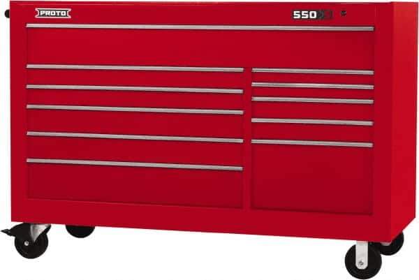 Proto - 35,917 Lb Capacity, 11 Drawer Mobile Workstation - 66" Wide x 27" Deep x 46" High, Steel, Red - Industrial Tool & Supply