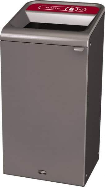 Rubbermaid - 23 Gal Gray Rectangle Decorative Indoor Single Stream Waste Receptacle - Metal, Plastic Graphic, 37.965" High x 19.588" Long x 19-1/2" Wide, Lid Included - Industrial Tool & Supply