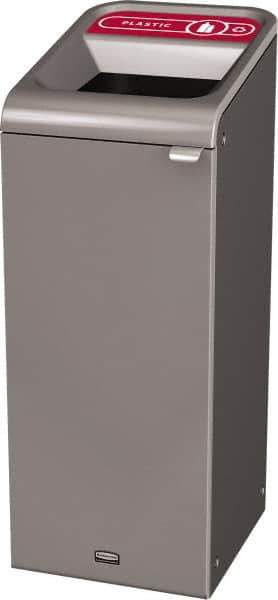 Rubbermaid - 15 Gal Gray Rectangle Decorative Indoor Single Stream Waste Receptacle - Metal, Plastic Graphic, 37.965" High x 14.784" Long x 19-1/2" Wide, Lid Included - Industrial Tool & Supply