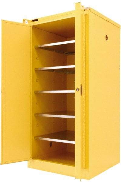 Securall Cabinets - 2 Door, 5 Shelf, Yellow Steel Standard Safety Cabinet for Flammable and Combustible Liquids - 67" High x 31" Wide x 31" Deep, Self Closing Door, 3 Point Key Lock, 120 Gal Capacity - Industrial Tool & Supply