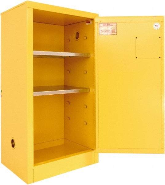 Securall Cabinets - 1 Door, 2 Shelf, Yellow Steel Standard Safety Cabinet for Flammable and Combustible Liquids - 44" High x 24" Wide x 18" Deep, Manual Closing Door, 3 Point Key Lock, 20 Gal Capacity - Industrial Tool & Supply