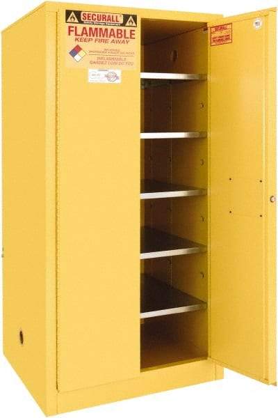 Securall Cabinets - 2 Door, 5 Shelf, Yellow Steel Standard Safety Cabinet for Flammable and Combustible Liquids - 65" High x 31" Wide x 31" Deep, Manual Closing Door, 3 Point Key Lock, 120 Gal Capacity - Industrial Tool & Supply