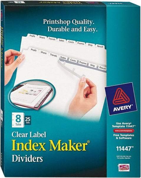 AVERY - 11 x 8-1/2" 8 Tabs, Three Hole Clear Plastic Reinforced Binder Holes, Tab Divider - Clear Tabs, White Folder - Industrial Tool & Supply