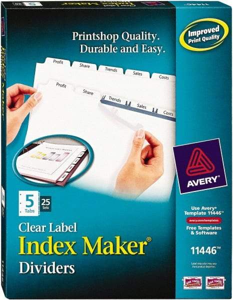 AVERY - 11 x 8-1/2" 5 Tabs, Three Hole Clear Plastic Reinforced Binder Holes, Tab Divider - Clear Tabs, White Folder - Industrial Tool & Supply