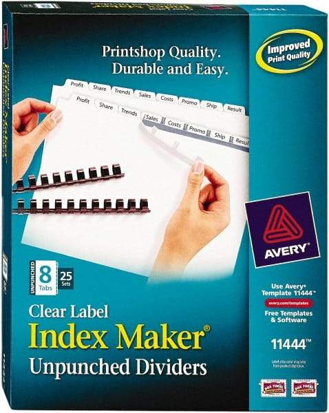 AVERY - 11 x 8-1/2" 8 Tabs, Unpunched Clear Plastic Reinforced, Tab Divider - Clear Tabs, White Folder - Industrial Tool & Supply