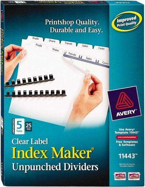 AVERY - 11 x 8-1/2" 5 Tabs, Unpunched Clear Plastic Reinforced, Tab Divider - Clear Tabs, White Folder - Industrial Tool & Supply