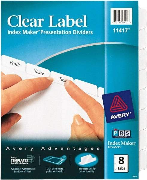 AVERY - 11 x 8-1/2" 8 Tabs, Three Hole Clear Plastic Reinforced Binder Holes, Tab Divider - Clear Tabs, White Folder - Industrial Tool & Supply