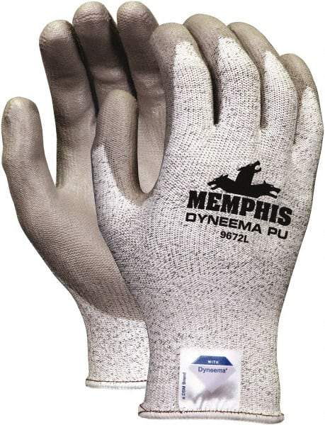 MCR Safety - Size S (7), ANSI Cut Lvl 2, Polyurethane Coated Dyneema Cut Resistant Gloves - 9.75" Long, Palm & Fingertips Coated, Dyneema Lining, Knit Wrist, Gray, Paired - Industrial Tool & Supply