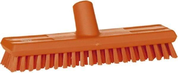 Vikan - 1" Bristle Length, Polyester Scrub Brush - 10-5/8" Long x 2-1/2" Wide Head, 11" OAL, European Threaded Handle, Orange, Polypropylene Block - Industrial Tool & Supply