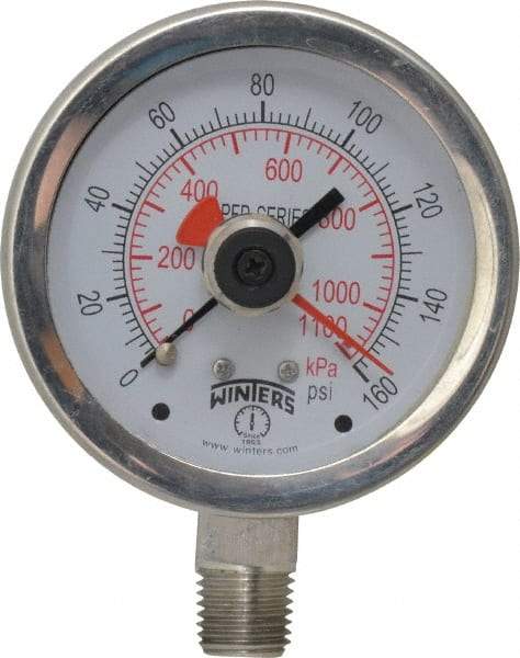 Winters - 2-1/2" Dial, 1/4 Thread, 0-160 Scale Range, Pressure Gauge - Lower Connection Mount, Accurate to 1% of Scale - Industrial Tool & Supply