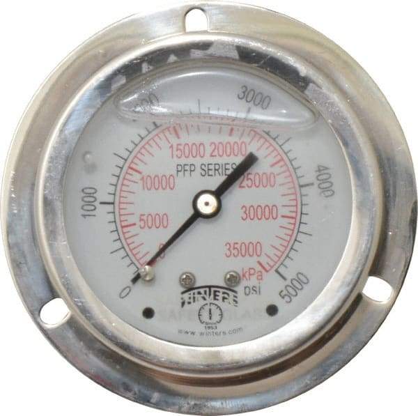 Winters - 2-1/2" Dial, 1/4 Thread, 0-5,000 Scale Range, Pressure Gauge - Front Flange Panel Mount, Center Back Connection Mount, Accurate to 1.6% of Scale - Industrial Tool & Supply