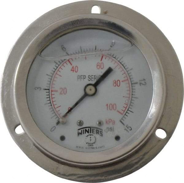 Winters - 2-1/2" Dial, 1/4 Thread, 0-15 Scale Range, Pressure Gauge - Front Flange Panel Mount, Center Back Connection Mount, Accurate to 1.6% of Scale - Industrial Tool & Supply