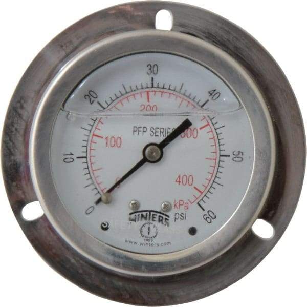 Winters - 2-1/2" Dial, 1/4 Thread, 0-60 Scale Range, Pressure Gauge - Front Flange Panel Mount, Center Back Connection Mount, Accurate to 1.6% of Scale - Industrial Tool & Supply