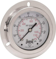 Winters - 2-1/2" Dial, 1/4 Thread, 0-160 Scale Range, Pressure Gauge - Front Flange Panel Mount, Center Back Connection Mount, Accurate to 1.6% of Scale - Industrial Tool & Supply