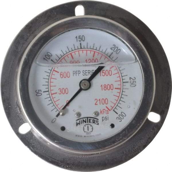 Winters - 2-1/2" Dial, 1/4 Thread, 0-300 Scale Range, Pressure Gauge - Front Flange Panel Mount, Center Back Connection Mount, Accurate to 1.6% of Scale - Industrial Tool & Supply