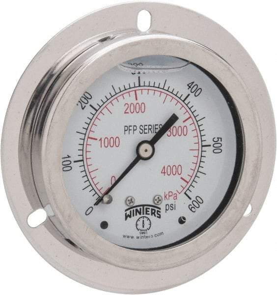 Winters - 2-1/2" Dial, 1/4 Thread, 0-600 Scale Range, Pressure Gauge - Front Flange Panel Mount, Center Back Connection Mount, Accurate to 1.6% of Scale - Industrial Tool & Supply