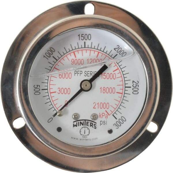 Winters - 2-1/2" Dial, 1/4 Thread, 0-3,000 Scale Range, Pressure Gauge - Front Flange Panel Mount, Center Back Connection Mount, Accurate to 1.6% of Scale - Industrial Tool & Supply