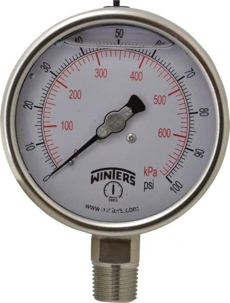 Winters - 4" Dial, 1/2 Thread, 0-100 Scale Range, Pressure Gauge - Lower Connection Mount, Accurate to 1% of Scale - Industrial Tool & Supply