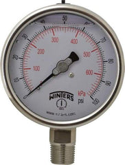 Winters - 4" Dial, 1/2 Thread, 0-100 Scale Range, Pressure Gauge - Lower Connection Mount, Accurate to 1% of Scale - Industrial Tool & Supply