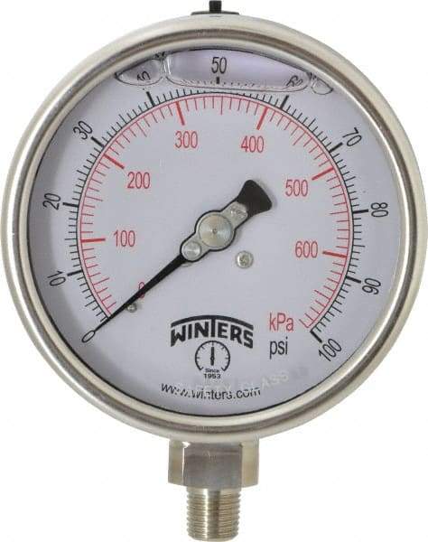 Winters - 4" Dial, 1/4 Thread, 0-100 Scale Range, Pressure Gauge - Lower Connection Mount, Accurate to 1% of Scale - Industrial Tool & Supply